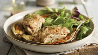 Chicken Thighs with Roasted Eggplant and Mixed Green Salad