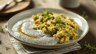 Chia Pudding with Coconut Milk and Savory Veggie Scramble
