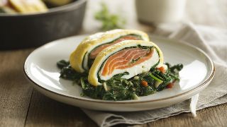 Egg and Smoked Salmon Roll-Ups with Sautéed Spinach