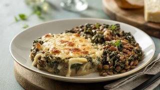 Soupe à l'Oignon Gratinée with Braised Lentil and Kale Medley