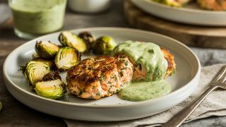 Baked Salmon Cakes with Dill-Avocado Sauce and Roasted Brussels Sprouts