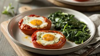 Baked Eggs in Roasted Tomatoes with Feta and Sautéed Spinach