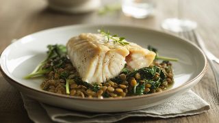 Baked Cod with Warm Lentils & Wilted Greens