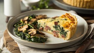 Quiche Lorraine Sans Croûte with Sautéed Spinach and Mushrooms