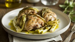 Slow Roast Chicken Thighs with Braised Leeks & Herb Oil