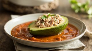 Tuna-Stuffed Avocado with Warm Tomato Soup