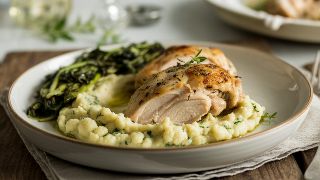 Herb-Roasted Chicken Thighs with Cauliflower Mash and Sautéed Greens