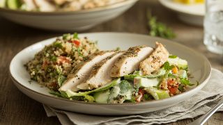 FODMAP-Friendly Chicken Caesar Salad with Quinoa Tabbouleh
