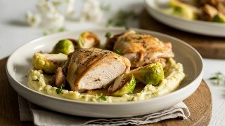 Roasted Chicken Thighs with Cauliflower Mash and Brussels Sprouts
