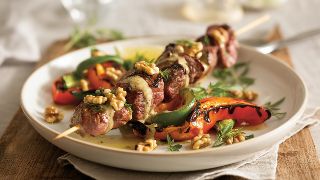 Grilled Beef Skewers with Charred Pepper Salad and Walnut Dressing