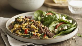 Mediterranean Beef and Pepper Scramble with Spinach and Feta Salad