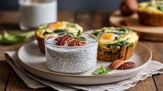 Coconut Chia Pudding with Pecans and Savory Spinach Egg Muffins