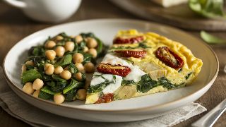 Italian Frittata with Sun-Dried Tomato, Artichoke, and Mozzarella with Sautéed Spinach and Chickpea Salad