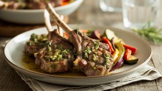 Lamb Chops with Herb Sauce and Roasted Mediterranean Vegetables