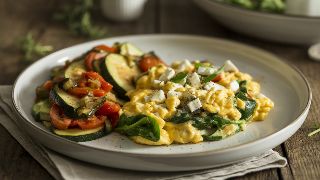 Scrambled Eggs with Spinach and Feta paired with Sautéed Zucchini and Tomato Medley