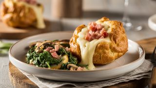 Gougères au Jambon with Spinach and Mushroom Sauté