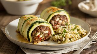 Zucchini-Wrapped Lamb and Feta Bake with Spiced Cauliflower Rice
