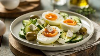 Soft-Boiled Eggs with Cucumber, Feta & Olive Oil Salad