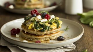Warm Almond Flour Pancakes with Spinach and Feta Egg Scramble