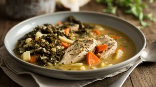 Homemade Chicken & Root Vegetable Soup with Braised Kale