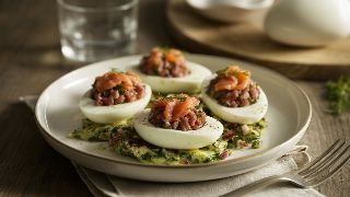 Smoked Salmon & Beef Tartare Inspired Stuffed Eggs with Herb Salad