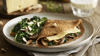 Buckwheat Crêpes with Mushrooms and Comté paired with Sautéed Spinach and Almonds