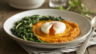 Carrot-Pumpkin Puree Soup with Poached Egg and Sautéed Spinach