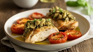 Chicken Thigh with Artichoke-Basil Pesto and Roasted Tomatoes