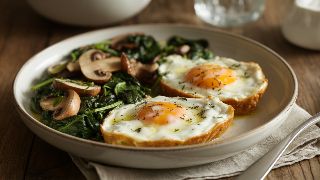 Oeufs en Cocotte aux Herbes de Provence with Sautéed Spinach and Mushrooms