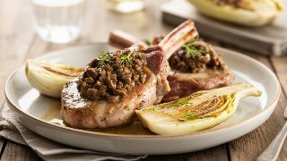 Pork Chops with Olive-Anchovy Tapenade and Roasted Fennel