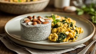 Chia Seed Pudding with Almonds and Savory Veggie Scramble