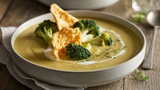 Broccoli Cheddar Soup with Cheese Crisps