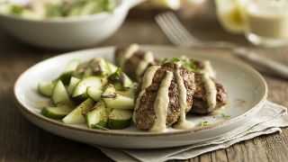 Lamb Kofta Plate with Tahini and Cucumber Salad