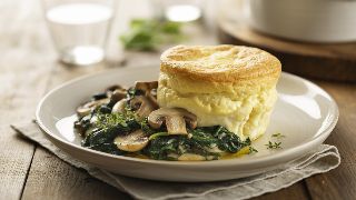 Soufflé au Fromage with Sautéed Spinach and Mushrooms