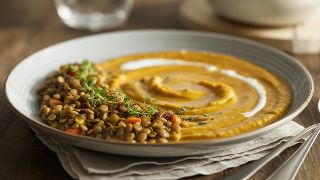 Creamy Roasted Pumpkin Soup with Spiced Lentil Salad