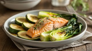 Baked Salmon with Roasted Zucchini and Sautéed Bok Choy