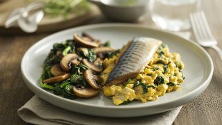 Smoked Mackerel Scramble with Sautéed Spinach and Mushrooms
