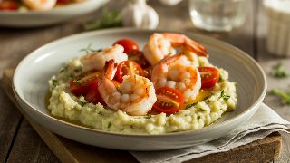 Garlic Shrimp with Cherry Tomato Burst and Cauliflower Mash