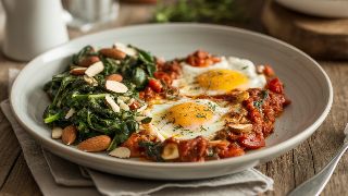 Greek Shakshuka with Feta and Sautéed Spinach with Almonds