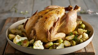 Whole Roast Chicken with Brussels Sprouts and Cauliflower