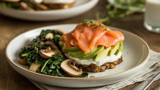 Smoked Salmon and Avocado Stack with Sautéed Spinach and Mushrooms