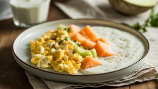 Savory Egg Scramble with Melon-Milk Smoothie Bowl