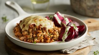 Spiced Ground Chicken Thigh Skillet with Roasted Beets and Melted Cheese